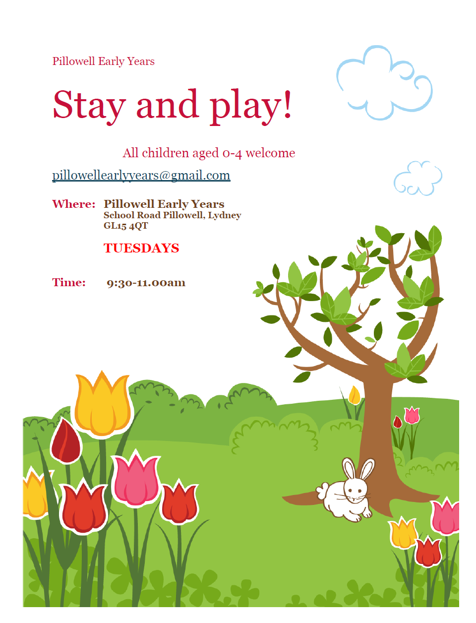 Stay and Play. All childen aged 0-4 welcome. Tuesdays 9.30-11am.